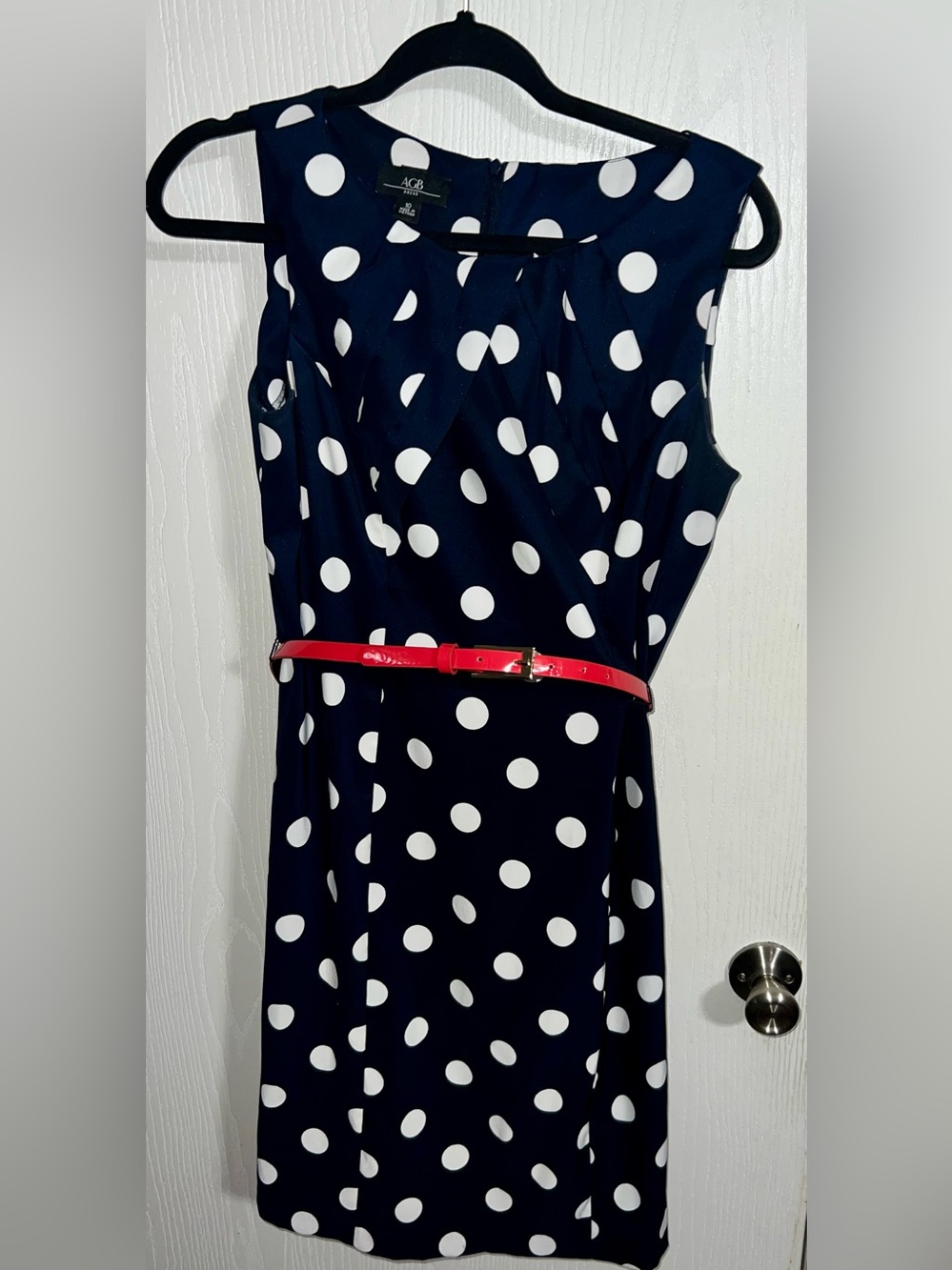 AGB Navy Blue & White Polka Dot Sleeveless Dress with Red Belt Size 10